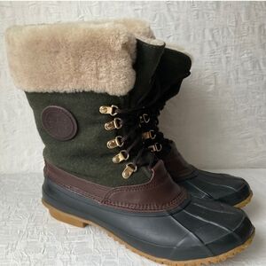 Tory Burch Olive Green, Brown & Black Winter Rain Boots with Shearling Cuff